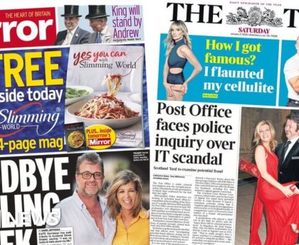 Newspaper headlines: 'Goodbye darling Derek' and Post Office investigation