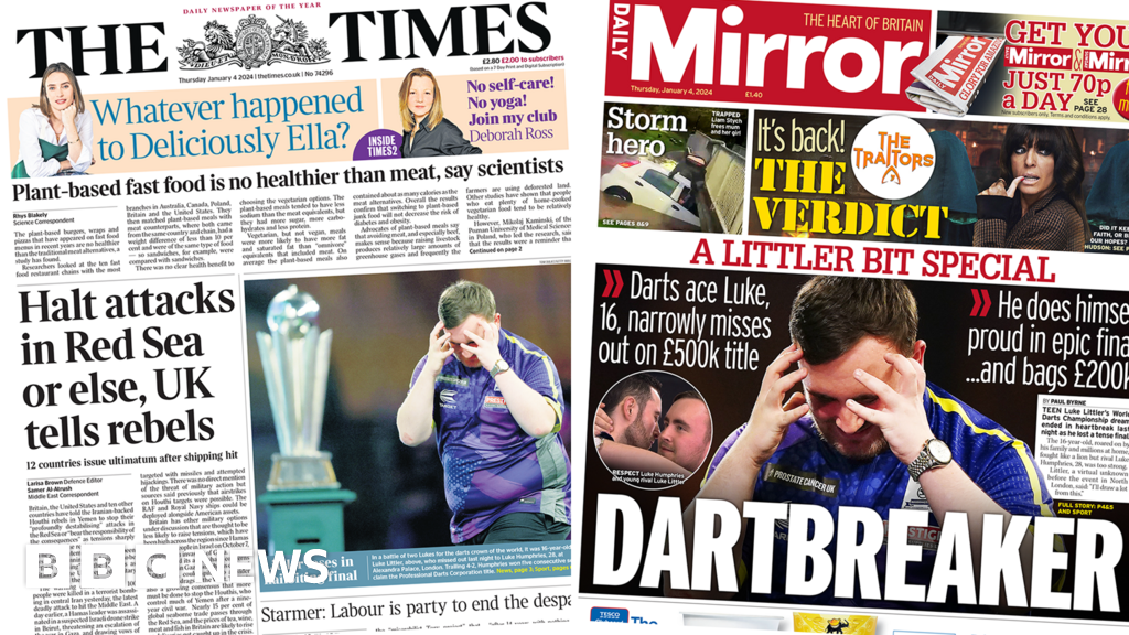 Newspaper headlines: 'Dartbreaker' and 'halt Red Sea attacks or else'