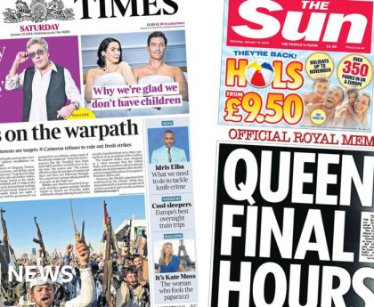 Newspaper headlines: 'Houthis on warpath' and 'Queen's final hours'