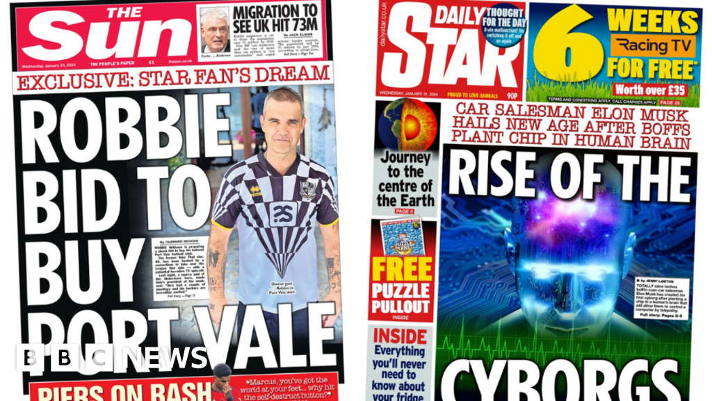 Newspaper headlines: Robbie Williams's Port Vale bid and 'Rise of the cyborgs'