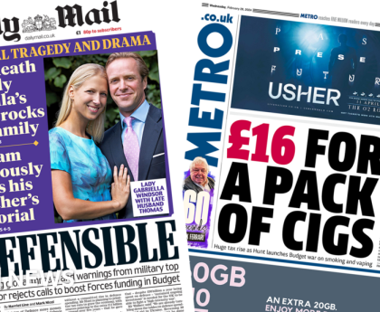 Newspaper headlines: 'Day of royal tragedy and drama' and '£16 packs of cigs'