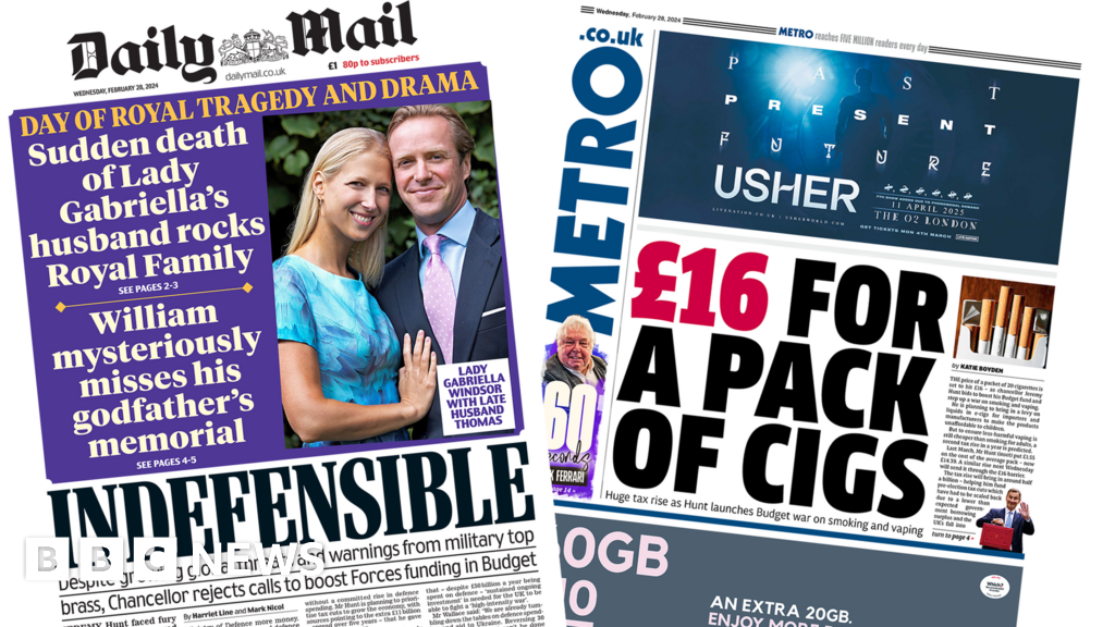 Newspaper headlines: 'Day of royal tragedy and drama' and '£16 packs of cigs'