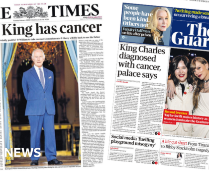 Newspaper headlines: King Charles 'grateful' cancer caught early and 'women dominate Grammys'