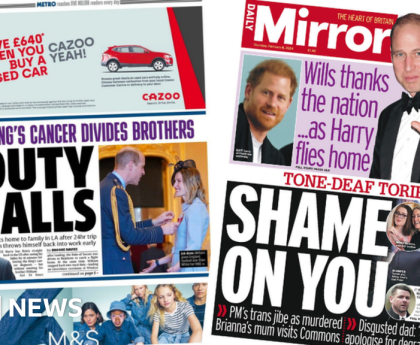 Newspaper headlines: Prince William 'gives thanks' and 'tone-deaf Tories'