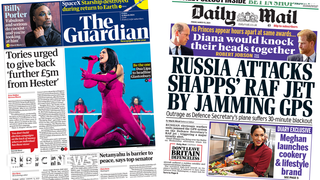 Newspaper headlines: Frank Hester 'gave £5m more' and Russia 'jams Shapps jet'