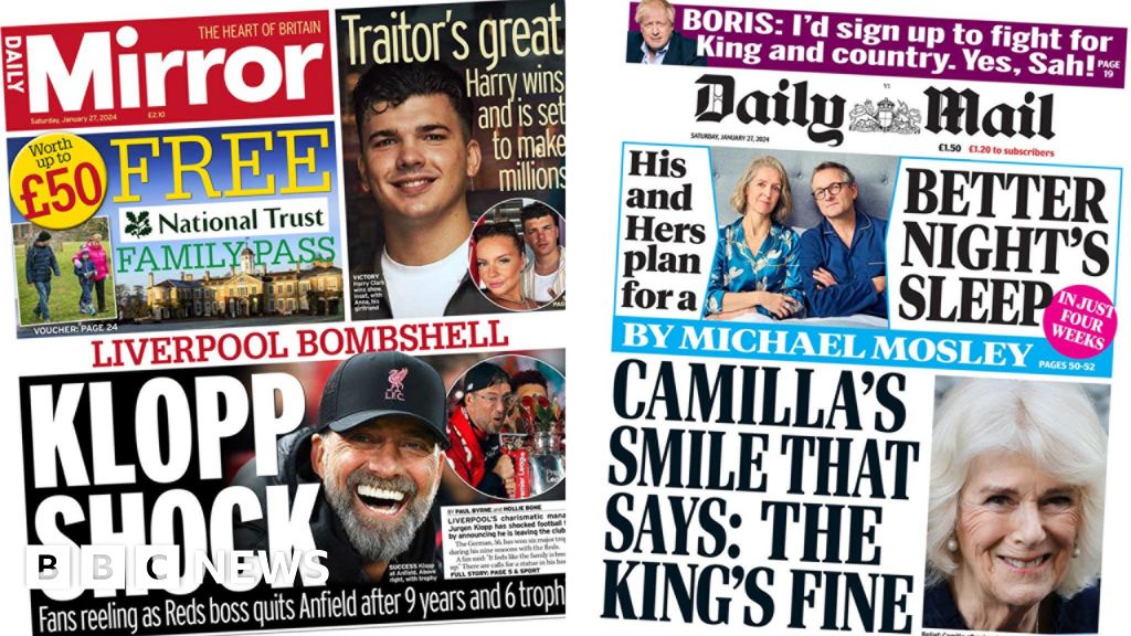 Newspaper headlines: 'The King's fine' and 'Klopp shock'