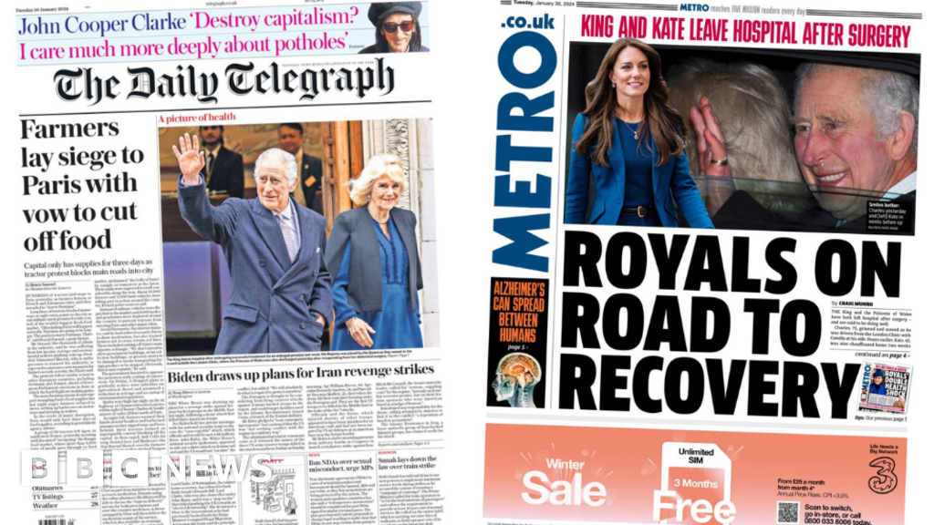 Newspaper headlines: Royals on road to recovery and farmers' besiege Paris