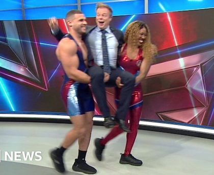 Watch: BBC Weather presenter v Gladiators